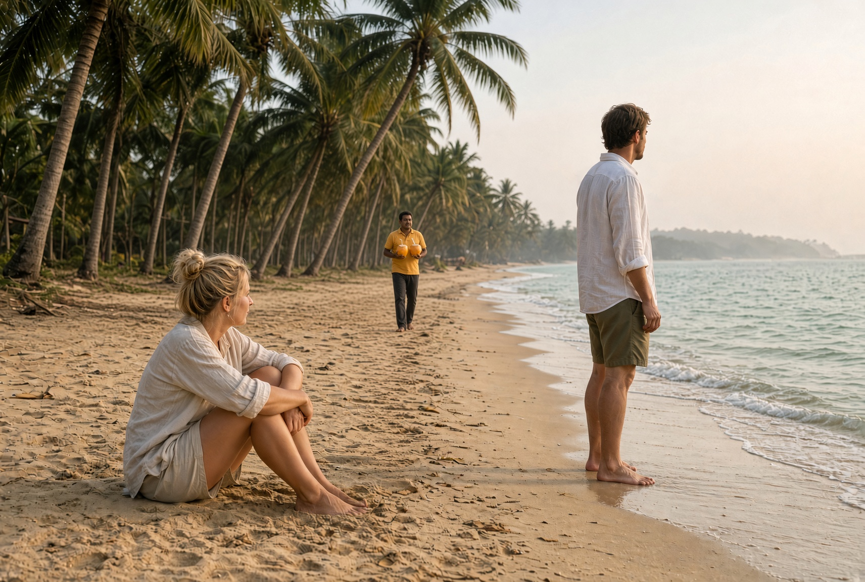 Illustration: a couple on a palm-fringed beach looking out to sea as a vendor carries king coconuts along the sand