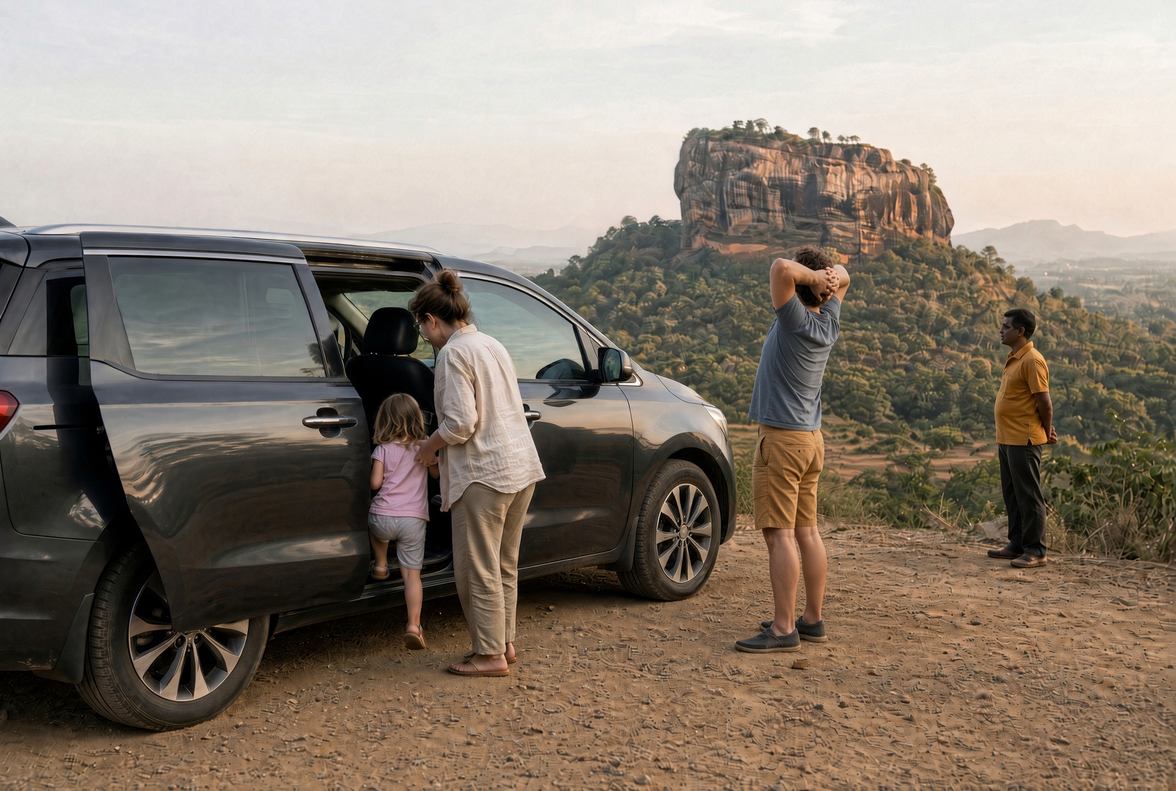 Illustration: a family getting out of a van at a viewpoint, Sigiriya rock rising behind them
