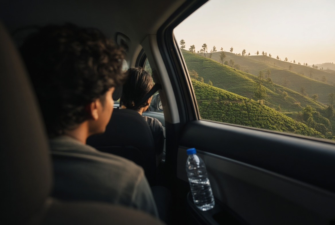 Illustration: passengers in the back seat of a car looking out at tea-country hills through the window