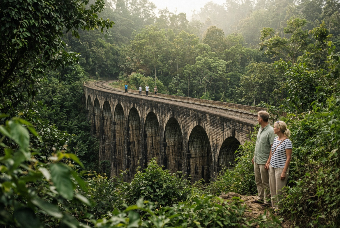 Illustration: a couple watching the Nine Arch Bridge from the hillside near Ella