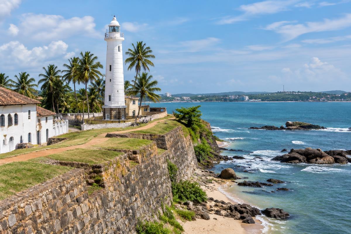 Illustrative view of Galle Fort lighthouse and the seaside ramparts