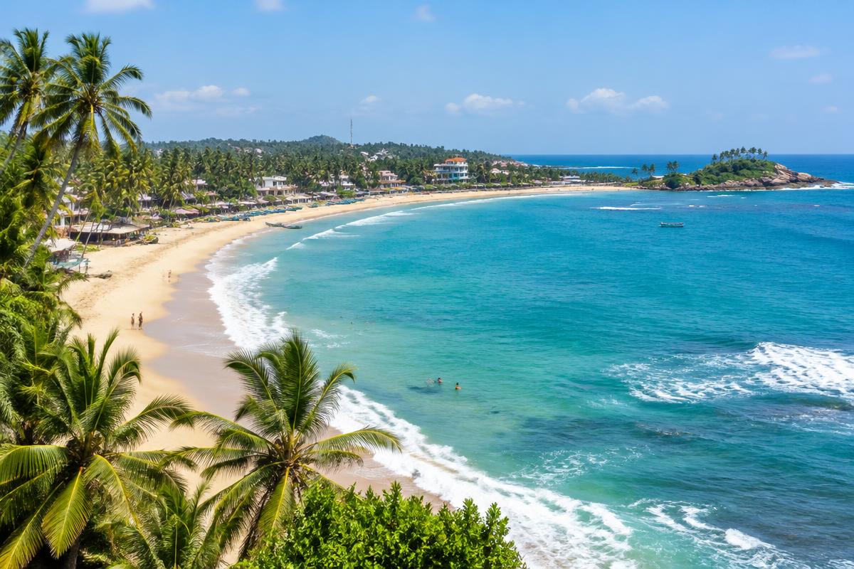 Illustrative view of Mirissa's palm lined beach and curved bay
